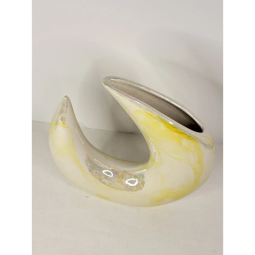 Vintage Iridescent Yellow Marbled Ceramic Crescent Moon Vase Art Pottery 8.5